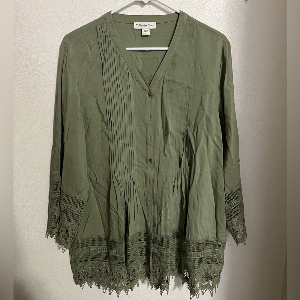 COLDWATER CREEK Classic Tunic Length Blouse‎ Pintuck Pleating Green Women's Sz M